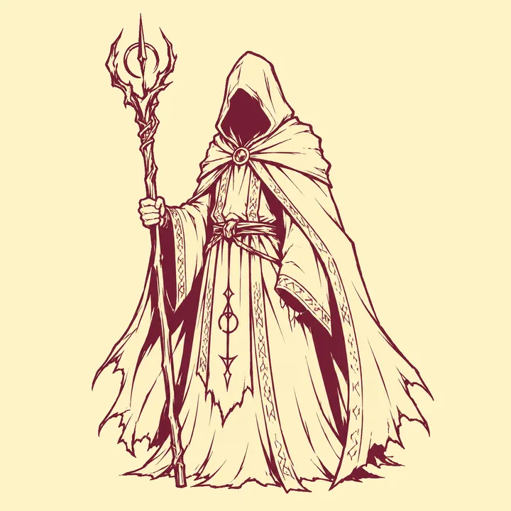 Alaria Online artwork: a hooded mage holding a staff